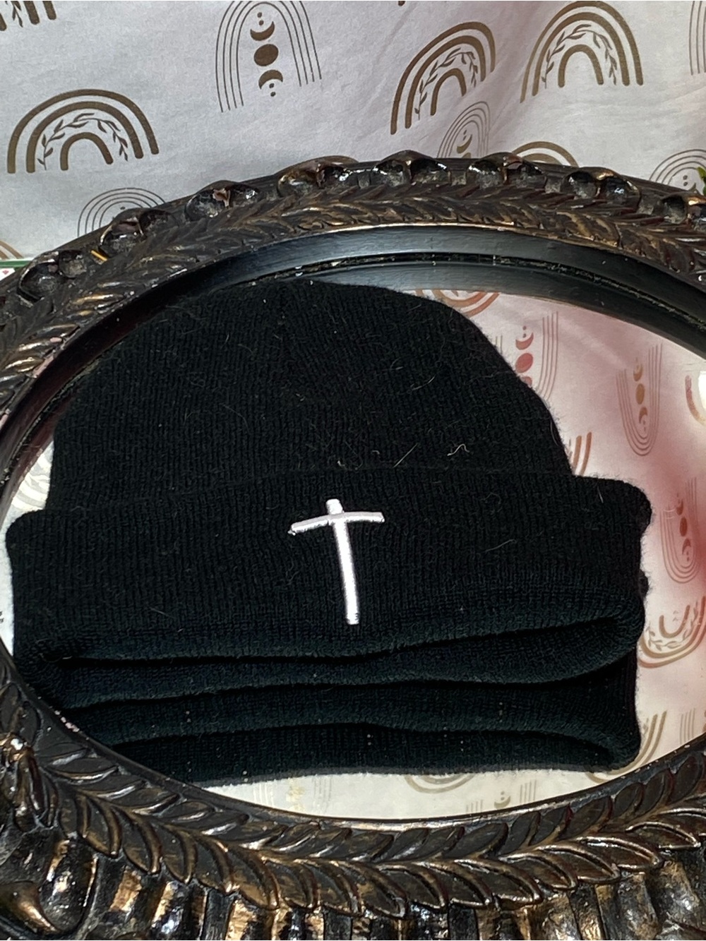 Black Kids Beanie Hat with White Cross Embroidery